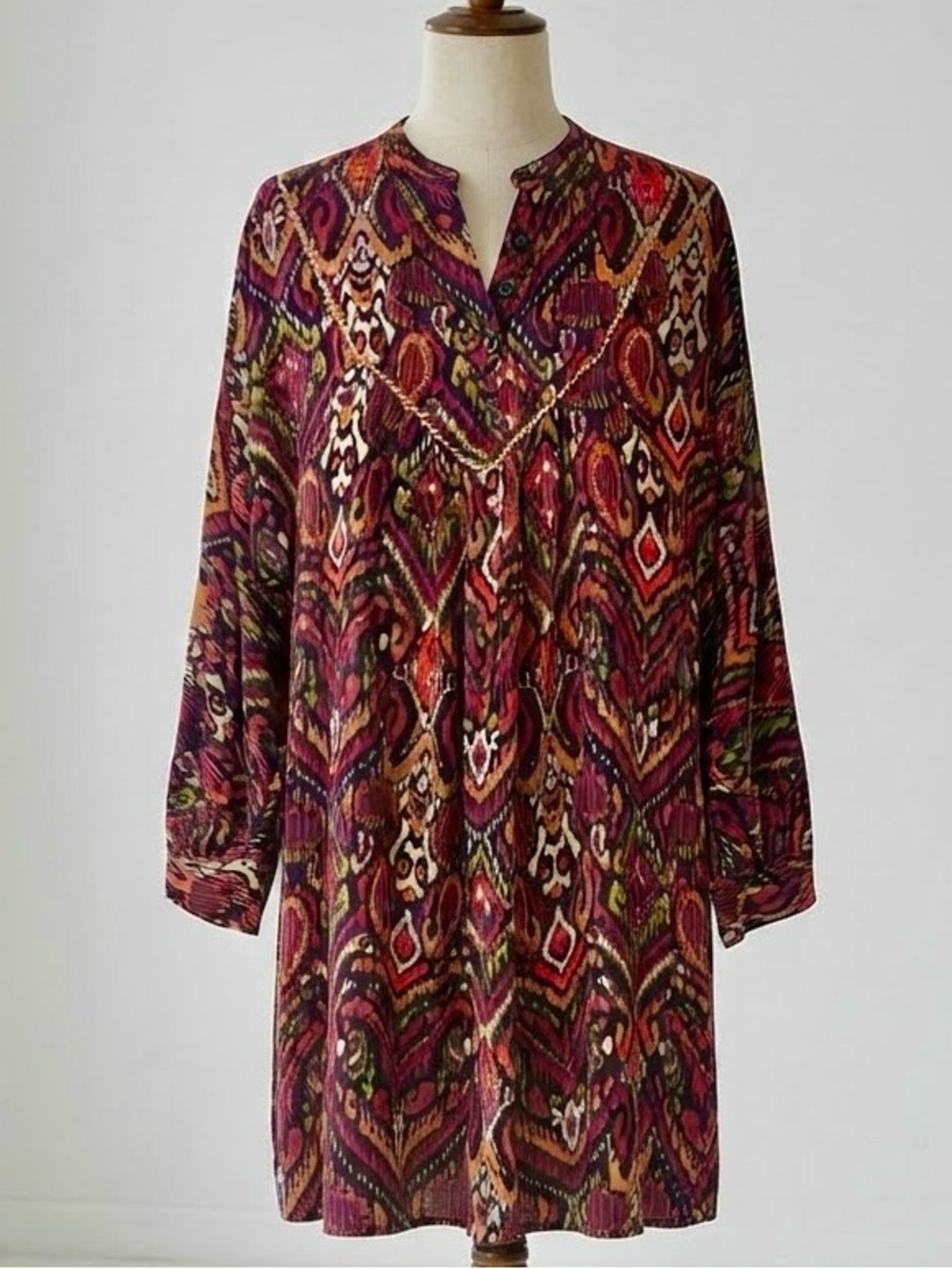 Zara| Red & Orange Fall Colours Boho Ikat V-Neck Long Sleeve Tunic Dress Sz XS